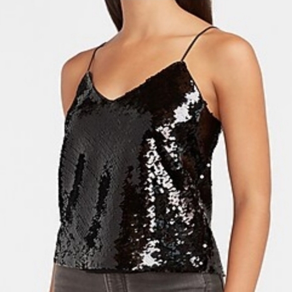 NEW! EXPRESS Black Sequin Spaghetti Strap V-neck Tank Top Small. - Picture 2 of 9
